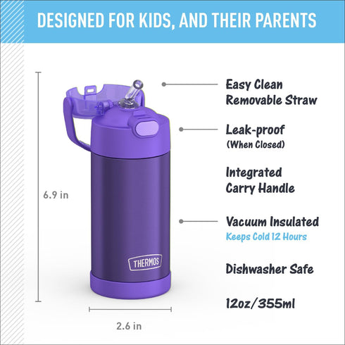THERMOS FUNTAINER Water Bottle with Straw - 12 Ounce - Kids Stainless Steel Vacuum Insulated Water Bottle with Lid, Violet...