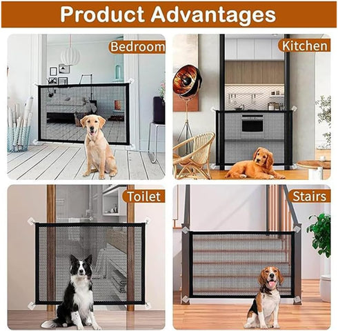 Magic Dog Gate,Magic pet Gate for Stairs and Door, mesh Dog Gates for The House Foldable Safety Isolation Fence,Indoor Pet Safety Gate Install (B-...