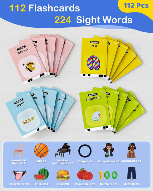 English Talking Flash Cards Educational Toys, Toddler Speech Therapy Toys, 112 Pcs Double-Side Cards (224 Sight Words) Sensory Toys Gifts for 1 2 ...