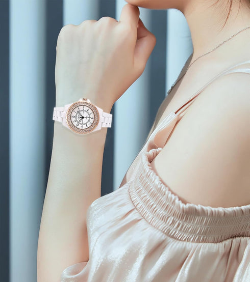Womens Luxury Wrist Watch Fashion Rhinestone White Ceramic Watch Casual Lady Nice Dress Watches (Rose Gold)...