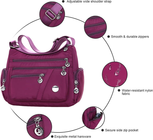 WITERY Nylon Crossboby Bags for Women - Waterproof Zipper Multi-Pocket Crossboby Purse Lightweight Shoulder Bag...