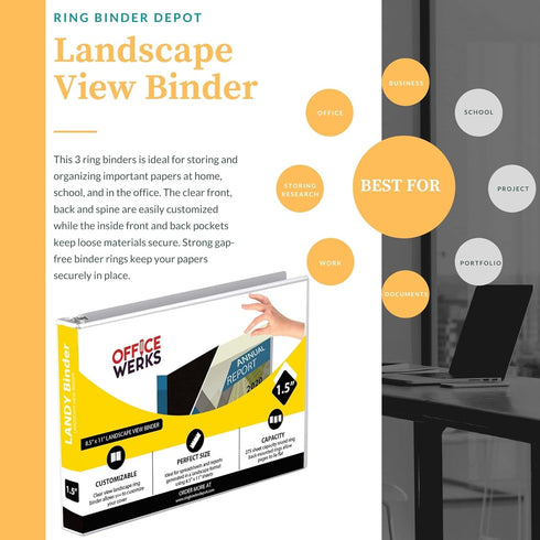 8.5" X 11" Landscape View Binder, 3-Ring Binder 1.5 Inch Capacity Round Ring, White Horizontal Formatted Binder with Clear Cover Pockets for Docum...