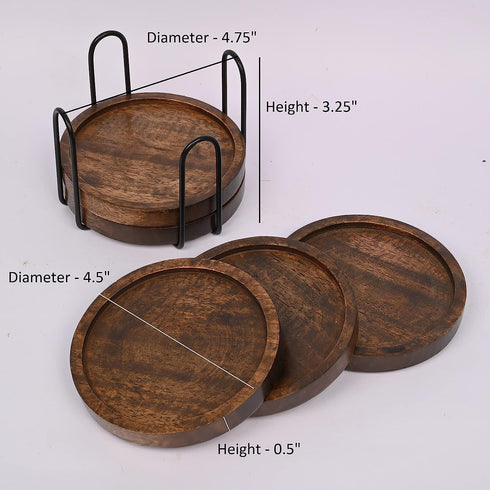 Mango Wood Coasters for Drinks with Iron Holder Stand Set of 5 for Countertop and Surfaces from Water Marks or Damage (4.5 x 4.5 x 0.5)...