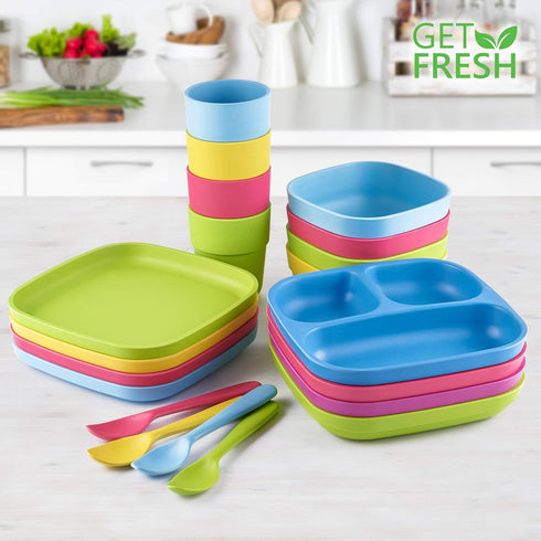 GET FRESH Bamboo Kids Divided Plates Set – 2-Pack 3 Compartment Bamboo Childrens Plates for Kids Meals – Reusable Bamboo Toddler Divided Plates Se...