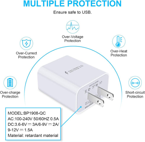 Quick Charge 3.0 Fast Charger Block for Samsung Galaxy S24 Ultra S23 FE S22 S21 S20 S10e S9 A15 A25 A54 A14 A03s A10e A11 A21 A20 A51, Moto G Powe...