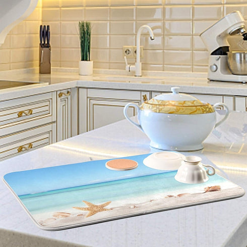 Summer Starfish Dish Drying Mats Seashells Beach Theme for Kitchen Counter Sink 16x18 in, Coastal Dish Draining Mat Baby Bottle Rack Drainer Mat D...