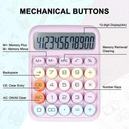 Mechanical Switch Calculator with Big Buttons, Calculators Desktop, 12 Digits, Large LCD Display, Desk Calculator, Cute Pink Calculator for Teache...