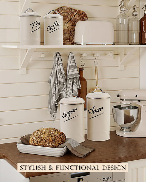 Hillbond Canister Sets Ivory Food Storage Canisters Containers: Carbon Steel with Powder Coated Decorative Storage Jars Set of 4 (Ivory)...