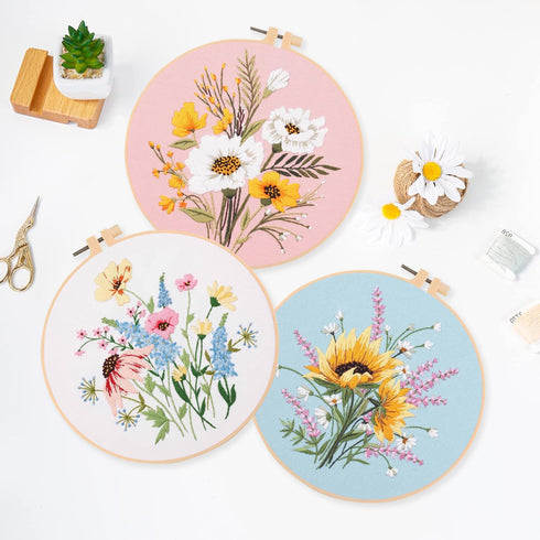 EOBTAIN 3 Pack Flower Embroidery Kit Hand Embroidery Stitch Practice Kits for Beginners Adults Cross Stitch Kits with Embroidery Hoop,Needles and ...
