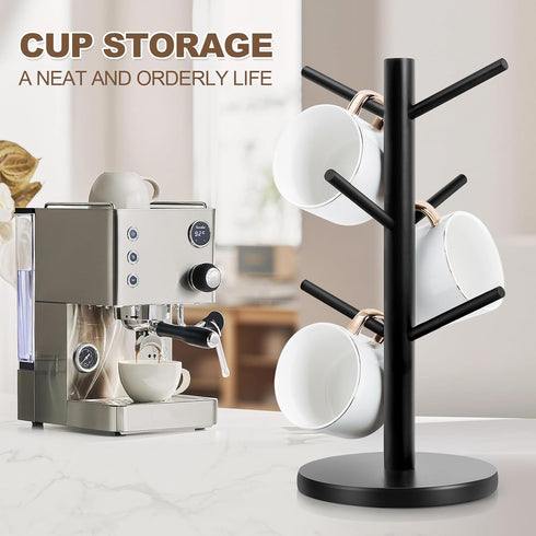 Mug Tree, Thicker Base Coffee Cup Holder for Countertop, Sturdy Wood Coffee Tree Mug Holder Stand with 6 Hooks, Non-Slip Mug Rack for Home Storage...
