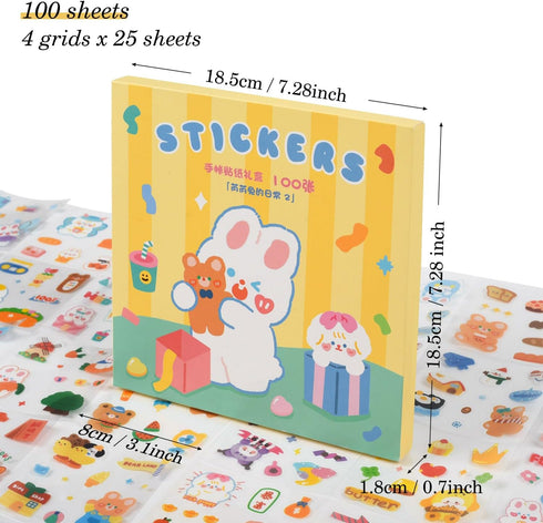 Kawaii Cartoon Bear Journaling Stickers - 100 Sheets Cute Rabbit Animal Transparent PET Scrapbooking Clipping Supplies Calendar Decals Sticker for...