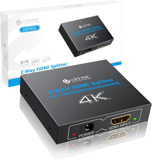 eSynic 4K/30HZ HDMI Splitter 2 Way HDMI Splitter 1 in 2 Out HDMI 1.4 Double Monitors for HDTV PS4 Blu-ray Player Laptop Satellite etc(Not Support ...