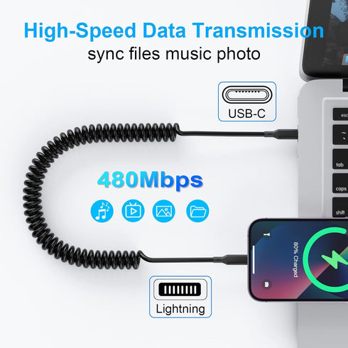 Coiled USB-C to Lightning Cable, Apple Carplay Compatible, MFi Certified Retractable USB C iPhone Charger Cord for Car with Data Sync, Coiled USB ...