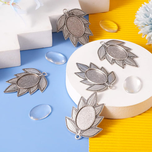 PH PandaHall Pandhall 6 Set Leaf Tibetan Antique Silver Alloy Pendant Cabochon Bezel Settings with Clear Glass Cabochons, Trays: 18x25mm...
