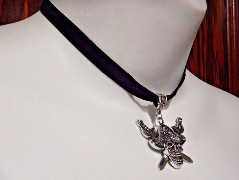 Handmade Jolly Roger Pirate Skull & Crossed Swords Pendant on Black Velvet Choker Necklace...