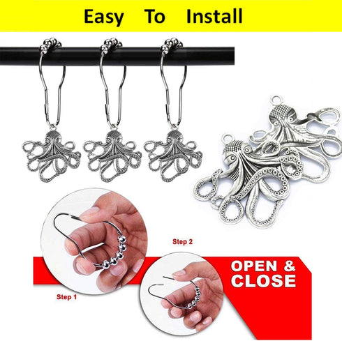 Set of 12 Octopus Shower Curtain Hooks Decorative Home Bathroom Squid Sea Creature Beast Stainless Steel Rustproof Brushed Nickel Rings with Octop...