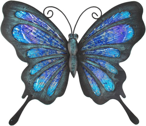 HONGLAND Metal Butterfly Wall Decor Outdoor Indoor Art Sculpture Hanging Glass Decorations Blue for Home Garden Bedroom...