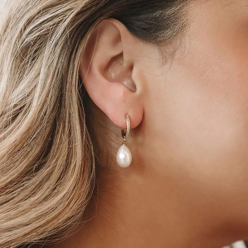 EPIRORA Sterling Silver Simulated Shell Pearl Hoop Earrings Cubic Zirconia Dangle Drop Earrings Jewelry for Women 10mm, Silver (Teardrop)...