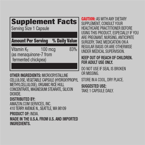 Amazon Elements Vitamin K2 100 mcg, Vegan, 65 Capsules, 2 month supply (Packaging may vary)...
