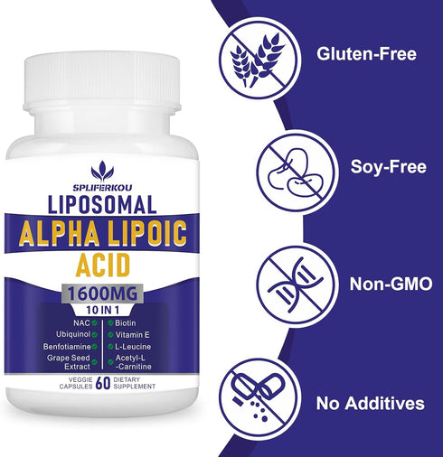 Liposomal Alpha Lipoic Acid 1600mg per Serving, ALA Supplement for Antioxidant Health,Energy and Metabolism-Gluten Free & GMO 60 Capsules...