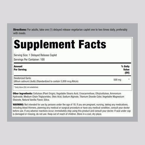 Lindberg High Allicin Garlic Supplement 5000mg | 100 Caplets | Odorless Garlic | Non-GMO, Gluten Free...