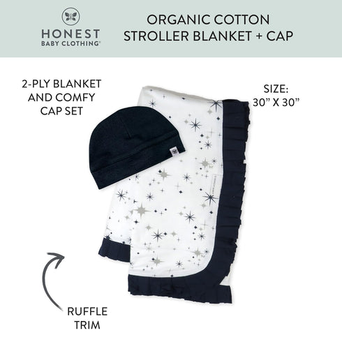 HonestBaby 2-Piece Knit Stroller Blanket with Trim Detail and Baby hat, Jumbo Twinkle Star Navy, One Size...