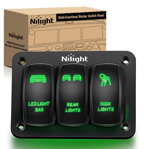 Nilight 3 Gang Rocker Switch Panel Aluminum 5 Pin ON Off Toggle LED Light Bar SPST 12V-24V Green Switches for Marine Boats,Cars,ATVs,UTVs...