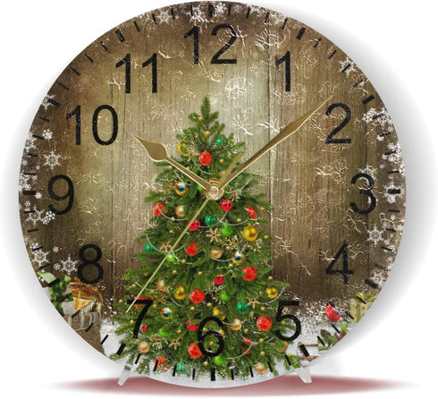 Wamika Wall Clock Christmas Tree Clock Silent Non Ticking Round Wall Clocks Decorative, Winter Rustic Wooden New Year Clocks 10 Inch Battery Opera...