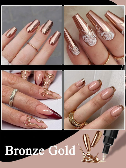 Metallic Chrome Nail Art Pens Mirror Powder Effect Gold Silver Nail Polish Pen for Beginners Nail Art 3D Metal Nail Painting Graffiti Pen at Home ...