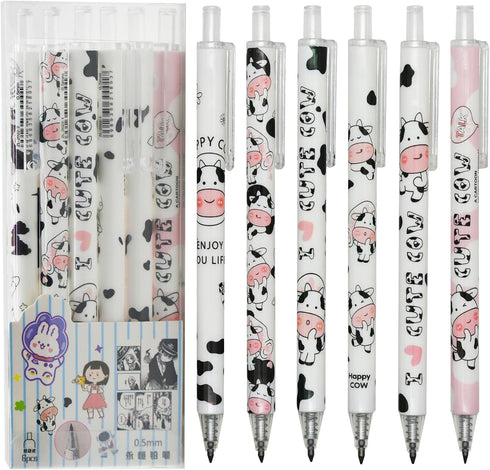 Maydahui 12Pcs Cartoon Milk Cow Eternal Pencils Retractable HB 0.5mm Cow Print Everlasting Pencils Magic Inkless Pencil for Student Teacher School...