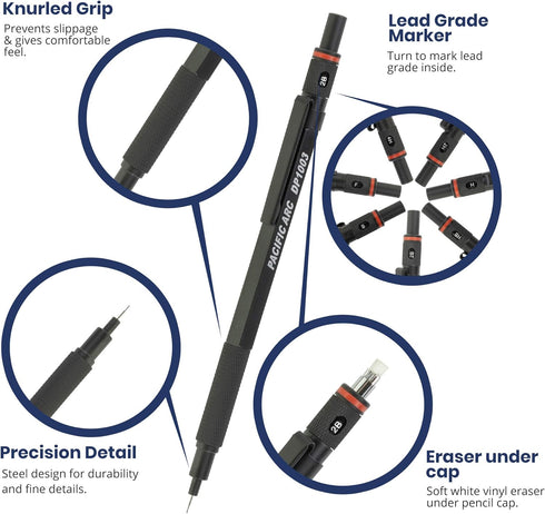 Pacific Arc Chromagraph Metal Mechanical Pencil .3 mm Black Barrel Mechanical Pencil with Built In Adjustable Pencil Grade, Lead Pencil Holder for...