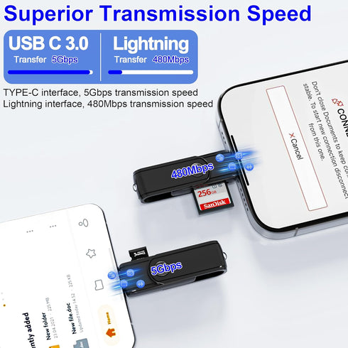 USB C Lightning SD Card Reader for iPhone 15 iPad Mac - 2 in 1 Micro SD/SD Card Adapter(Read two cards simultaneously), Portable Digital Camera Ad...