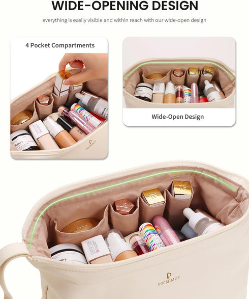 Pocmimut Makeup Bag, Leather Make Up Bag Travel Cosmetic Bags for Women, Large Wide-open Makeup Bag Double Layer Toiletry Bag Make Up Organizer Ca...