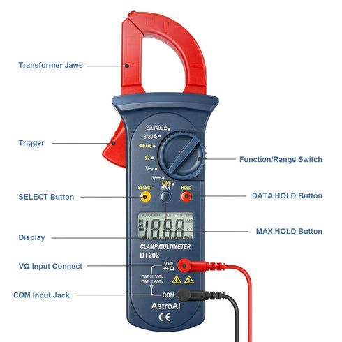 AstroAI Digital Clamp Meter 2000 Counts, Multimeter Amp Meter with Auto Ranging; Measures Voltage Tester, AC Current, Resistance, Continuity; Test...