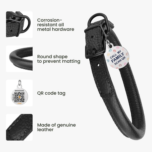 Rolled Leather Dog Collar Soft Round Collars, ID Tag for Small Medium Large Dogs (14-17 inch, Black Midnight & Black Buckle)...