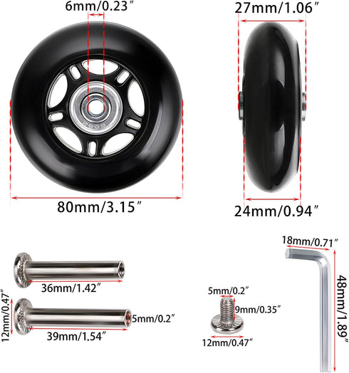 OwnMy 80mm x 24mm Luggage Suitcase Replacement Wheels, Rubber Swivel Caster Wheels Bearings Repair Kits, A Set of 2...