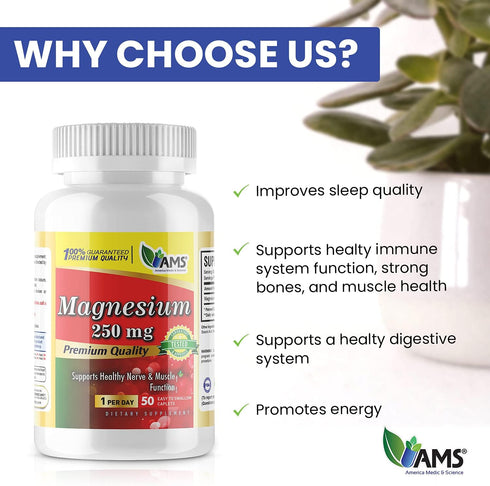America Medic & Science Magnesium 250 mg (50 Caplets) | Pack of 1 Bottle | Magnesium Oxide Supplement for Men and Women | Supports Healthy Nerve a...