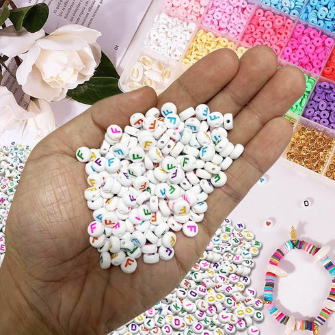 500PCS 4x7mm Acrylic Letter Beads F for Friendship Bracelets Jewelry Making, White Round Flat Acrylic with Colourful Alphabet Beads for DIY Crafts...