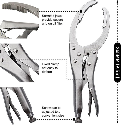 Locking Grip Oil Filter Wrench, 9.5in/240mm, Chrome Vanadium Steel Jaws...