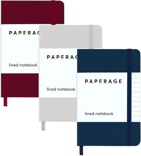 PAPERAGE Lined Pocket Journal Notebook, 3 Pack, (Navy, Light Grey, Burgundy), 160 Pages, Small, 3.7 inches x 5.6 inches - 100 GSM Thick Paper, Har...