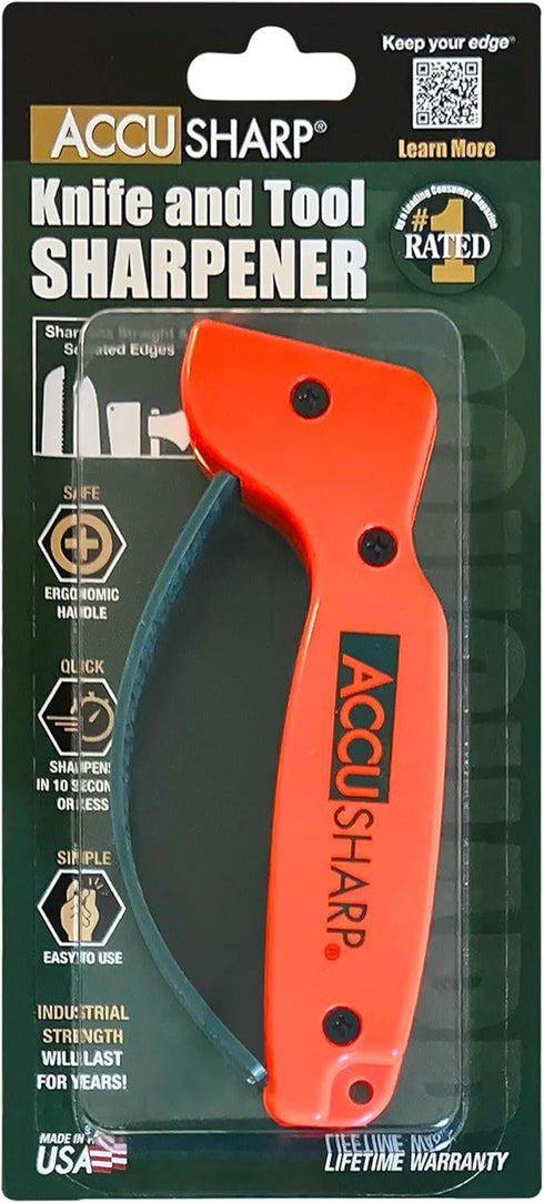 AccuSharp Knife Sharpener, Ergonomic Comfortable Handle, Compact & Easy to Use, Restore and Hone Straight & Serrated Knives, Blaze Orange...