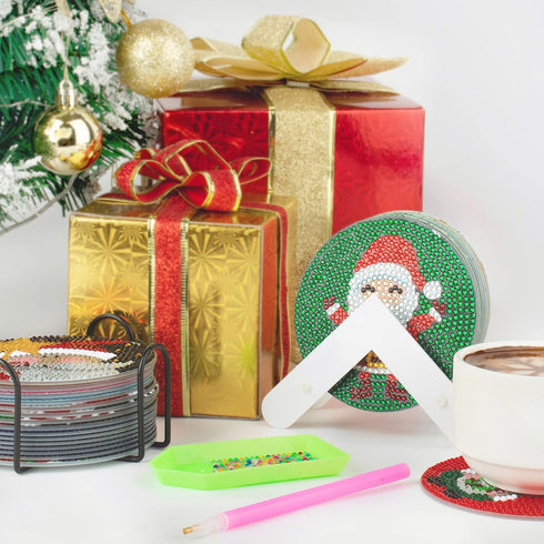 18 Pcs Christmas Diamond Painting Coasters Kits 4 Inch Coasters for Drinks with Cork Base Diamond Art Supplies Santa Claus Snowman Painting Kit fo...