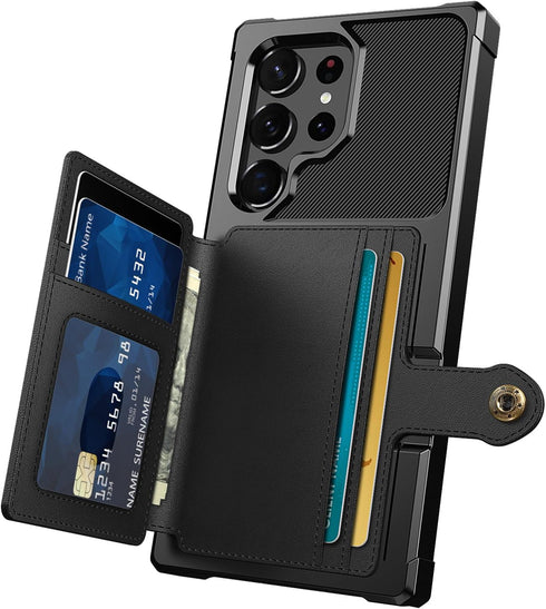 for Samsung Galaxy S22 Ultra Case with Card Holder, Compatible with Magnetic Car Mount, Heavy Duty Shockproof Rugged Soft TPU Back Leather Flip Wa...