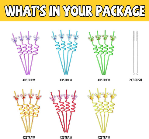 24 Glitter Mouse Ear Party Favors Reusable Drinking Straws 6 Designs Great for Theme Birthday Oh Twodles Theme Party Supplies with 2 Cleaning Brus...