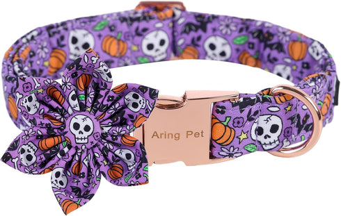 ARING PET Halloween Dog Collar Cute Pumpkin Dog Collar with Flower, Cotton Purple Skull Bat Dog Collars Girl Daisy Puppy Collar with Metal Buckle...
