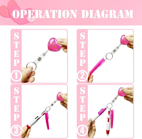 6PCS Heart Glitter Nurse Badge Reel Pen Kit, Mini Highlighter, Permanent Marker, Ballpoint Pen, Retractable Keychain Nurse Badge Holder Accessorie...