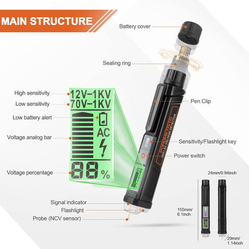 Voltage Tester Pen VD01- Non Contact Voltage Tester Dual Range AC 12V/70V-1000V Test Percentage Indicator Live/Null Wire Tester Buzzer Alarm LED F...