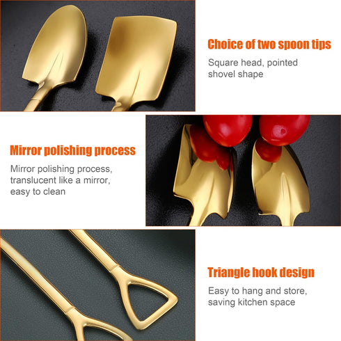 10PCS Gold Shovel Shape Spoons, Stainless Steel Tea Spoon Coffee Spoon Dessert Spoon, Mini Cute Mixing Spoon Sugar Spoon Cake Spoon Ice Cream Spoo...