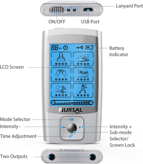 NURSAL 24 Modes TENS Unit Muscle Stimulator with Continuous Stimulation, Rechargeable Electronic Pulse Massager with 8 Pads for Back and Shoulder ...