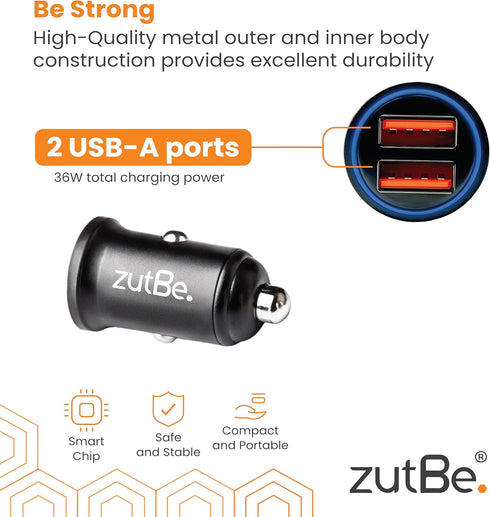 Dual USB-A 36W with one QC 3.0 Compact Metal Fast Car Charger for iPhone 14 13 12 SE 11 X 8 7 & iPad; Samsung Galaxy S20 S1 Note OnePlu, Pixe, & M...